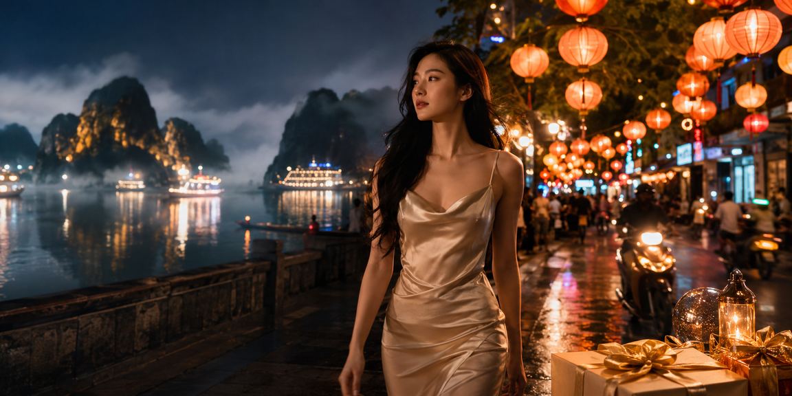Cảnh đêm tại Hạ Long Bay với hoạt động giải trí cá cược sôi động bên bờ vịnh